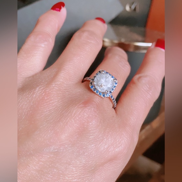 NATURAL ROUND CUT DIAMOND 3.22 TCW & CEYLON SAPPHIRE 14K WHITE GOLD RING - Picture 6 of 16